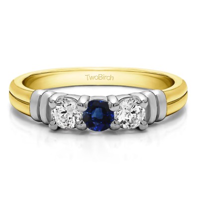 0.48 Carat Sapphire and Diamond Three Stone U Set Ribbed Shank Wedding Ring  in Two Tone Gold
