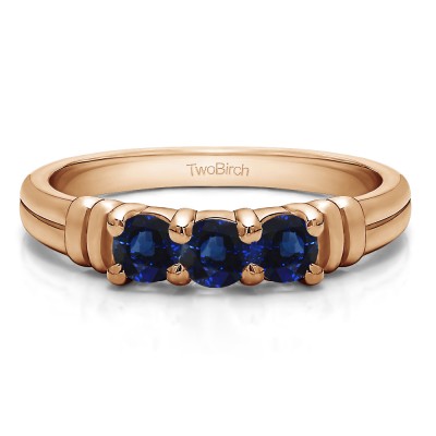 0.48 Carat Sapphire Three Stone U Set Ribbed Shank Wedding Ring  in Rose Gold