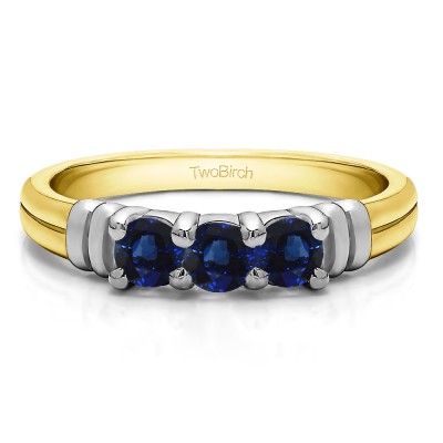 0.48 Carat Sapphire Three Stone U Set Ribbed Shank Wedding Ring  in Two Tone Gold
