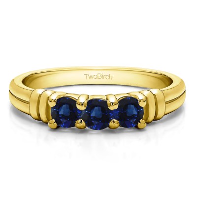 0.48 Carat Sapphire Three Stone U Set Ribbed Shank Wedding Ring  in Yellow Gold