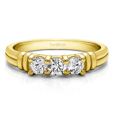 0.48 Carat Three Stone U Set Ribbed Shank Wedding Ring  in Yellow Gold