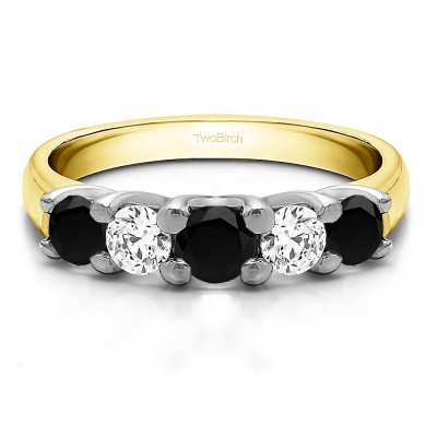 0.48 Carat Black and White Five Stone Trellis Set Wedding Ring in Two Tone Gold