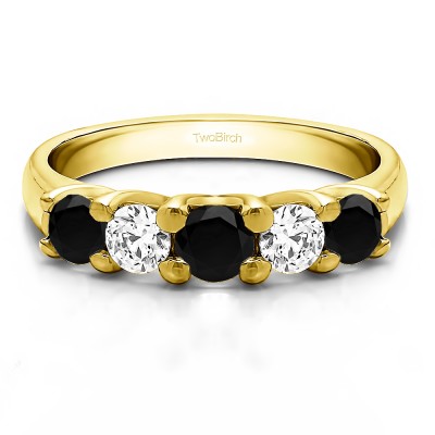 0.48 Carat Black and White Five Stone Trellis Set Wedding Ring in Yellow Gold