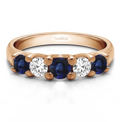 0.48 Carat Sapphire and Diamond Five Stone Trellis Set Wedding Ring in Rose Gold
