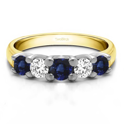 0.48 Carat Sapphire and Diamond Five Stone Trellis Set Wedding Ring in Two Tone Gold