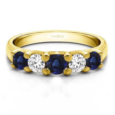 0.48 Carat Sapphire and Diamond Five Stone Trellis Set Wedding Ring in Yellow Gold