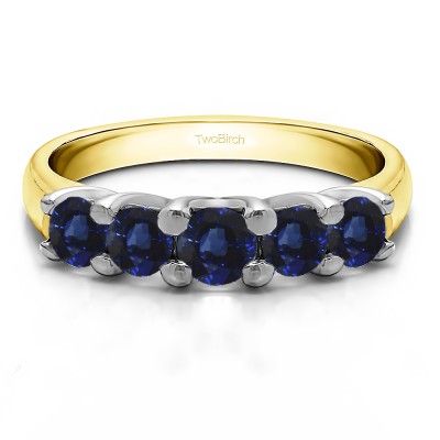 0.48 Carat Sapphire Five Stone Trellis Set Wedding Ring in Two Tone Gold