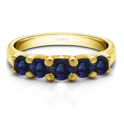 0.48 Carat Sapphire Five Stone Trellis Set Wedding Ring in Yellow Gold