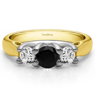 1 Carat Black and White Three Stone Trellis Set Wedding Ring in Two Tone Gold