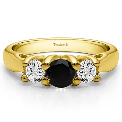 1 Carat Black and White Three Stone Trellis Set Wedding Ring in Yellow Gold