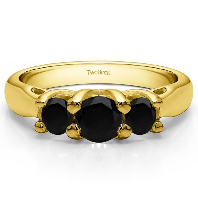 1 Carat Black Three Stone Trellis Set Wedding Ring in Yellow Gold