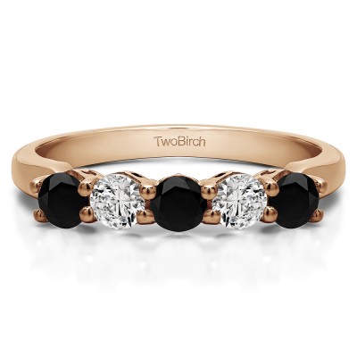 1 Carat Black and White Five Stone Shared Prong with Designed Profile Wedding Ring in Rose Gold