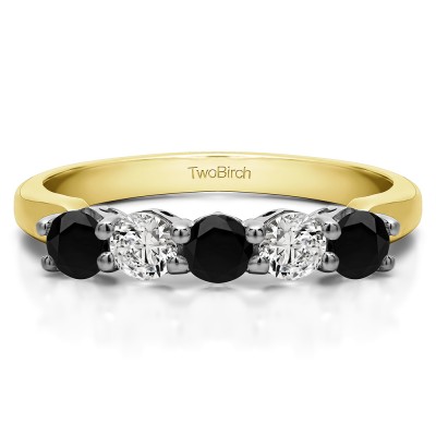 0.5 Carat Black and White Five Stone Shared Prong with Designed Profile Wedding Ring in Two Tone Gold