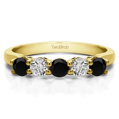 0.5 Carat Black and White Five Stone Shared Prong with Designed Profile Wedding Ring in Yellow Gold
