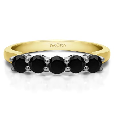 0.5 Carat Black Five Stone Shared Prong with Designed Profile Wedding Ring in Two Tone Gold