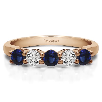 1 Carat Sapphire and Diamond Five Stone Shared Prong with Designed Profile Wedding Ring in Rose Gold