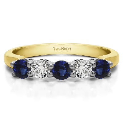 0.5 Carat Sapphire and Diamond Five Stone Shared Prong with Designed Profile Wedding Ring in Two Tone Gold