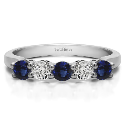 1 Carat Sapphire and Diamond Five Stone Shared Prong with Designed Profile Wedding Ring