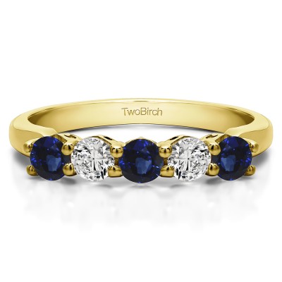 0.5 Carat Sapphire and Diamond Five Stone Shared Prong with Designed Profile Wedding Ring in Yellow Gold