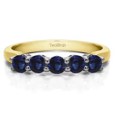 1 Carat Sapphire Five Stone Shared Prong with Designed Profile Wedding Ring in Two Tone Gold
