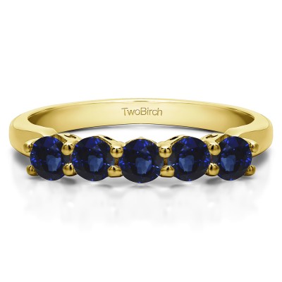 0.75 Carat Sapphire Five Stone Shared Prong with Designed Profile Wedding Ring in Yellow Gold