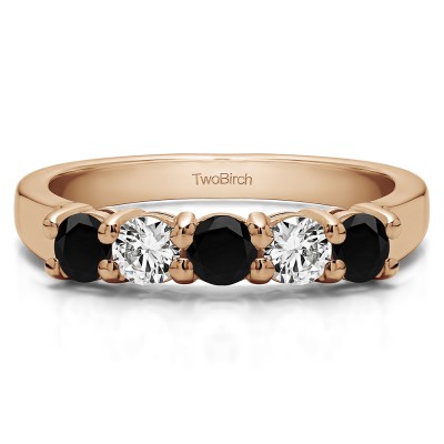 1.25 Carat Black and White Five Stone Shared Prong U Set Wedding Band  in Rose Gold