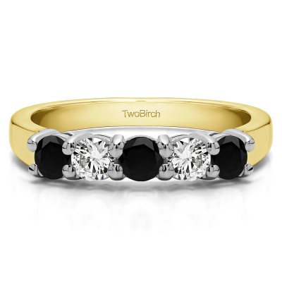 1.25 Carat Black and White Five Stone Shared Prong U Set Wedding Band  in Two Tone Gold
