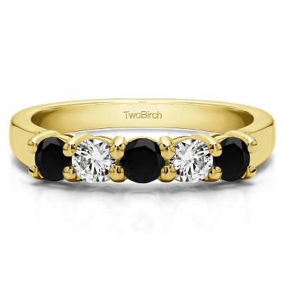 0.75 Carat Black and White Five Stone Shared Prong U Set Wedding Band  in Yellow Gold