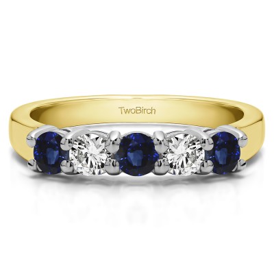 1 Carat Sapphire and Diamond Five Stone Shared Prong U Set Wedding Band  in Two Tone Gold