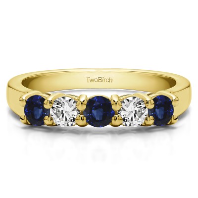 1 Carat Sapphire and Diamond Five Stone Shared Prong U Set Wedding Band  in Yellow Gold