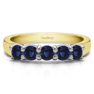 0.5 Carat Sapphire Five Stone Shared Prong U Set Wedding Band  in Two Tone Gold