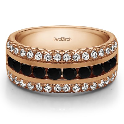 0.75 Carat Black and White Three Row Fishtail Set Anniversary Ring in Rose Gold