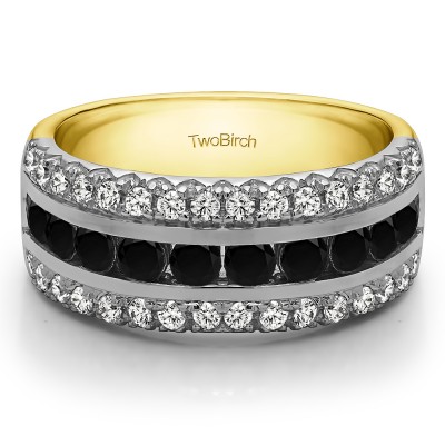 0.51 Carat Black and White Three Row Fishtail Set Anniversary Ring in Two Tone Gold