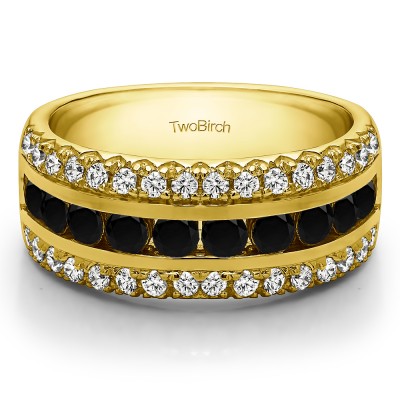 0.75 Carat Black and White Three Row Fishtail Set Anniversary Ring in Yellow Gold