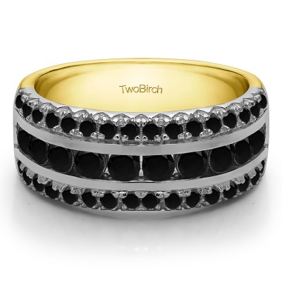 1.98 Carat Black Three Row Fishtail Set Anniversary Ring in Two Tone Gold