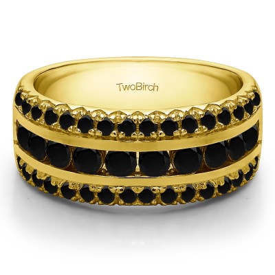 1.52 Carat Black Three Row Fishtail Set Anniversary Ring in Yellow Gold