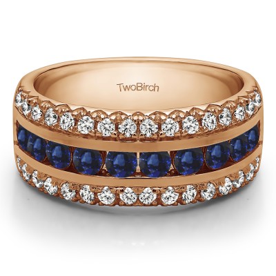 0.98 Carat Sapphire and Diamond Three Row Fishtail Set Anniversary Ring in Rose Gold