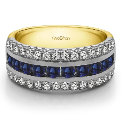 1.52 Carat Sapphire and Diamond Three Row Fishtail Set Anniversary Ring in Two Tone Gold