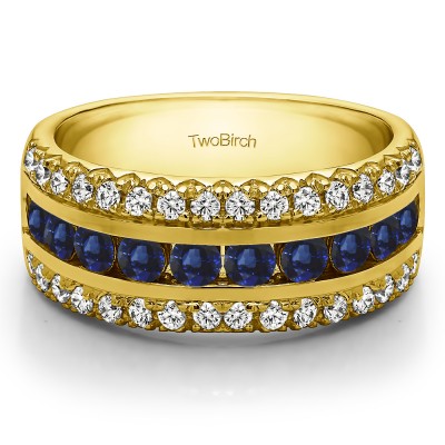0.51 Carat Sapphire and Diamond Three Row Fishtail Set Anniversary Ring in Yellow Gold