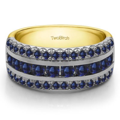 1.52 Carat Sapphire Three Row Fishtail Set Anniversary Ring in Two Tone Gold