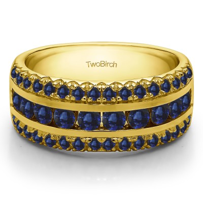 0.98 Carat Sapphire Three Row Fishtail Set Anniversary Ring in Yellow Gold
