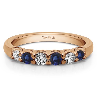 0.25 Carat Sapphire and Diamond Five Stone Common Prong Basket Set Wedding Ring  in Rose Gold