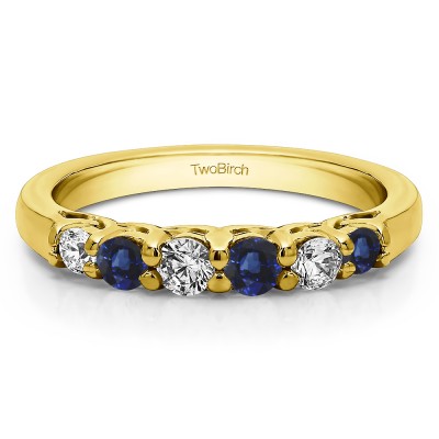 0.74 Carat Sapphire and Diamond Five Stone Common Prong Basket Set Wedding Ring  in Yellow Gold
