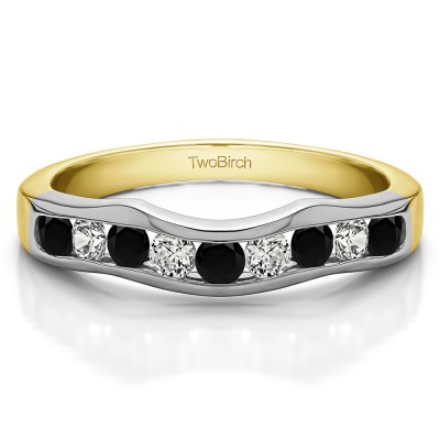 0.48 Ct. Black and White Eight Round Stone Channel Contour Wedding Band in Two Tone Gold