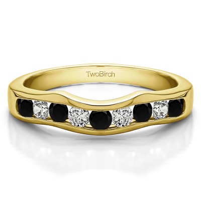 0.48 Ct. Black and White Eight Round Stone Channel Contour Wedding Band in Yellow Gold