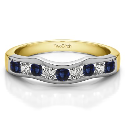 0.48 Ct. Sapphire and Diamond Eight Round Stone Channel Contour Wedding Band in Two Tone Gold