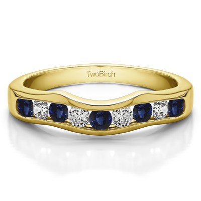 0.48 Ct. Sapphire and Diamond Eight Round Stone Channel Contour Wedding Band in Yellow Gold