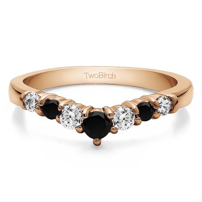 0.35 Ct. Black and White Seven Stone Shared Prong Gradudated Contour Wedding Ring in Rose Gold