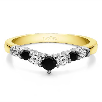 0.35 Ct. Black and White Seven Stone Shared Prong Gradudated Contour Wedding Ring in Two Tone Gold
