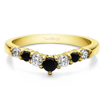 0.5 Ct. Black and White Seven Stone Shared Prong Gradudated Contour Wedding Ring in Yellow Gold